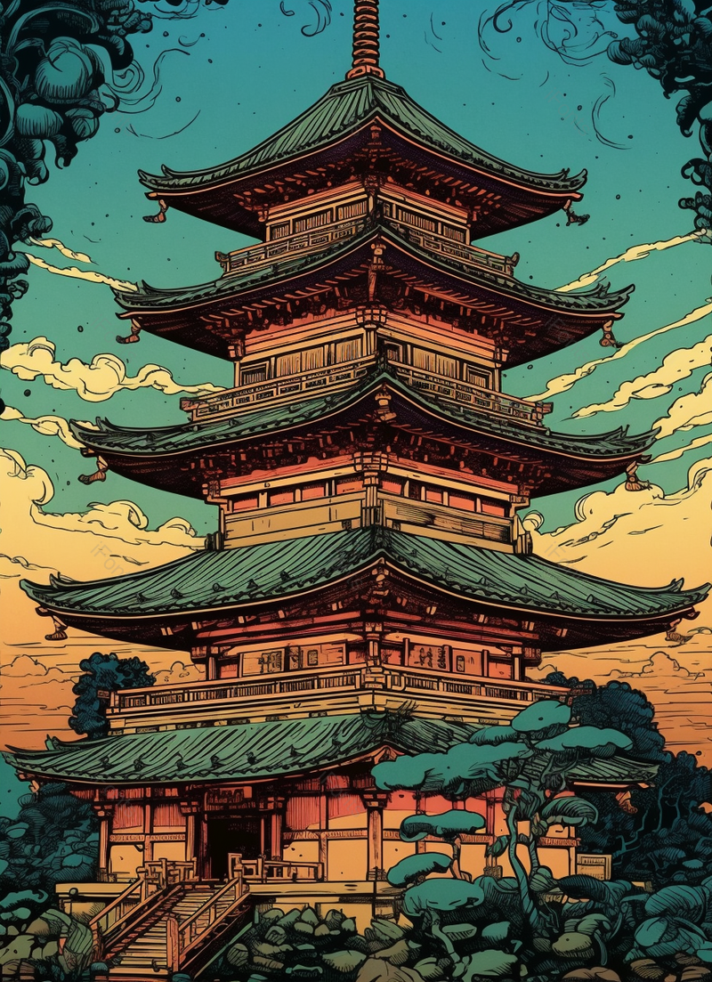 蓝天大树石头古建筑塔中国风背景,插画/手绘图,插画/手绘图库,插画/手绘图下载,插画/手绘